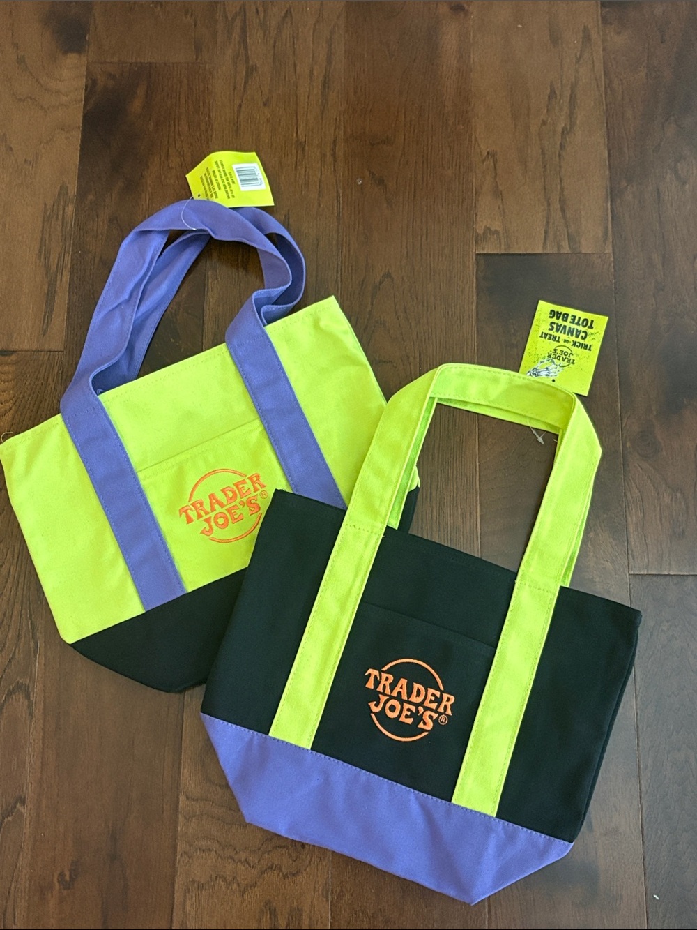 Trader Joe Neon Green & Black Canvas Tote Bag with Purple Accents set of 2 new